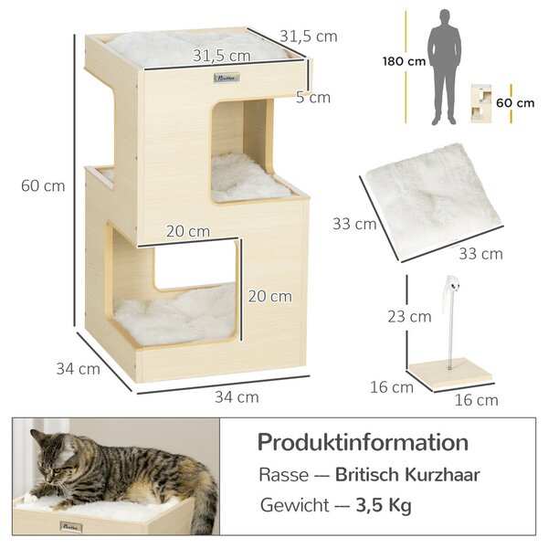 Mobilier pentru pisici, casă de pisici pe 3 niveluri cu pernă, cu jucărie șoarece, pentru interior, stejar 34 x 34 x 60 cm