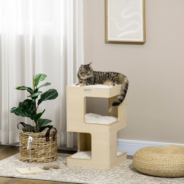 Mobilier pentru pisici, casă de pisici pe 3 niveluri cu pernă, cu jucărie șoarece, pentru interior, stejar 34 x 34 x 60 cm