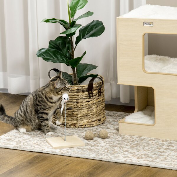 Mobilier pentru pisici, casă de pisici pe 3 niveluri cu pernă, cu jucărie șoarece, pentru interior, stejar 34 x 34 x 60 cm
