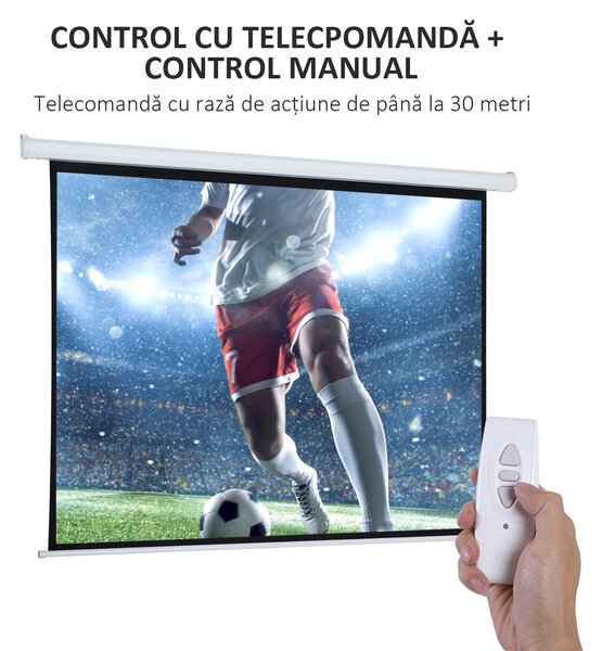 HOMCOM Ecran Proiecție Motorizat 100 Inch, Ideal pentru Home Cinema, Fabricat din Plasă, Plastic, Metal, 203x152 cm, Design Modern | Aosom Romania
