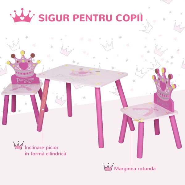 HOMCOM Set Masă și 2 Scaune cu Tematică de Prințese cu Spătare în Formă de Coroană, 55x34x42 cm, Roz | Aosom Romania