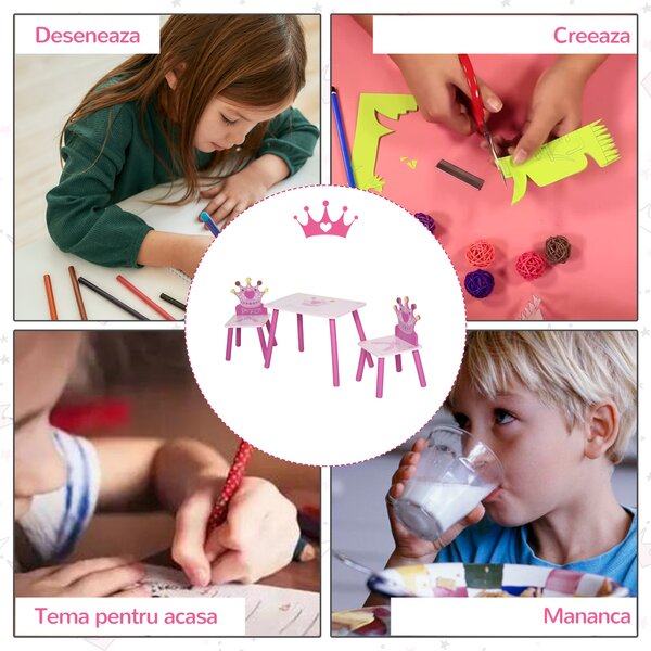 HOMCOM Set Masă și 2 Scaune cu Tematică de Prințese cu Spătare în Formă de Coroană, 55x34x42 cm, Roz | Aosom Romania