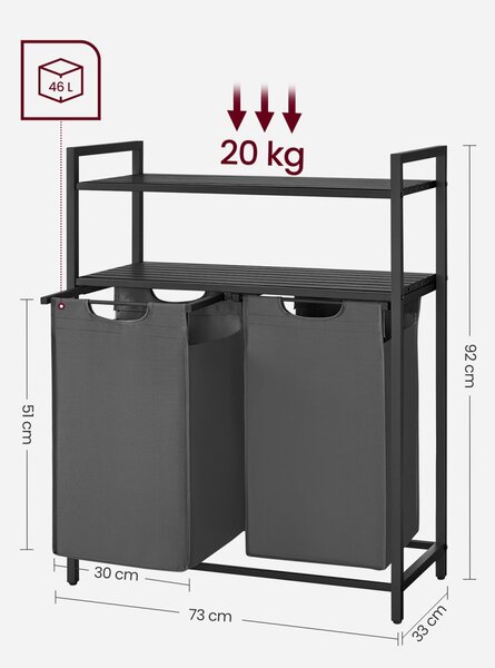 Coș de rufe cu rafturi și sac de rufe detașabil și extensibil 2x46L, negru-gri
