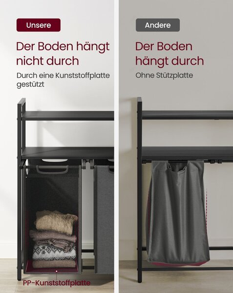 Coș de rufe cu rafturi și sac de rufe detașabil și extensibil 2x46L, negru-gri