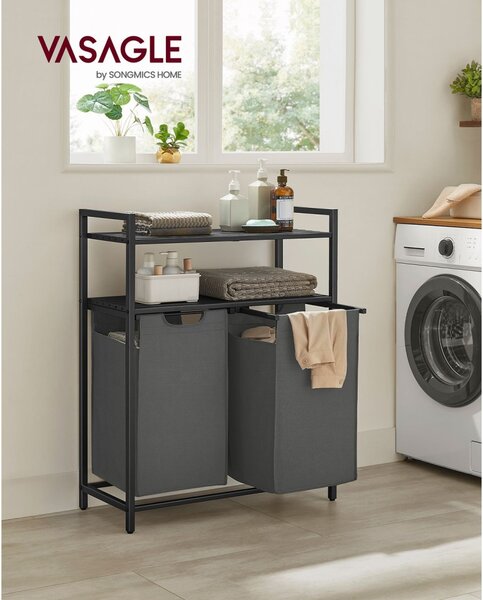 Coș de rufe cu rafturi și sac de rufe detașabil și extensibil 2x46L, negru-gri