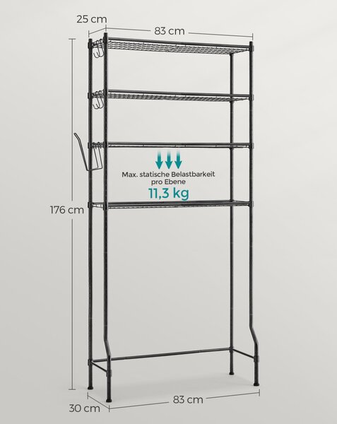 Raft de depozitare deasupra toaletei, suport de depozitare cu economie de spațiu, negru 83x30x179cm