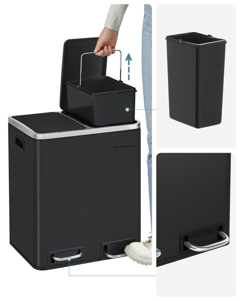 Coș de gunoi selectiv,, 2 x 15L, pedală, oțel, cerneală neagră