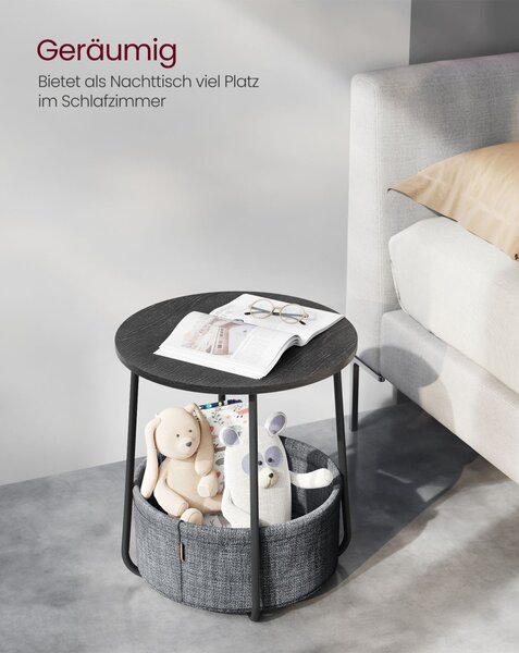 Măsuță depozitare rotundă cu coș textil, gri ardezie și negru 45×51cm
