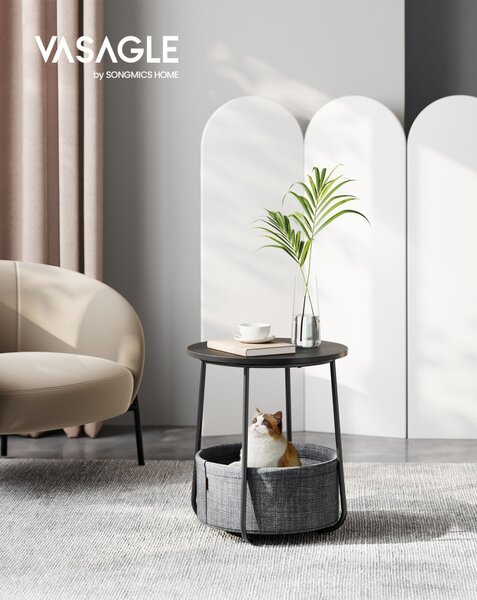 Măsuță depozitare rotundă cu coș textil, gri ardezie și negru 45×51cm