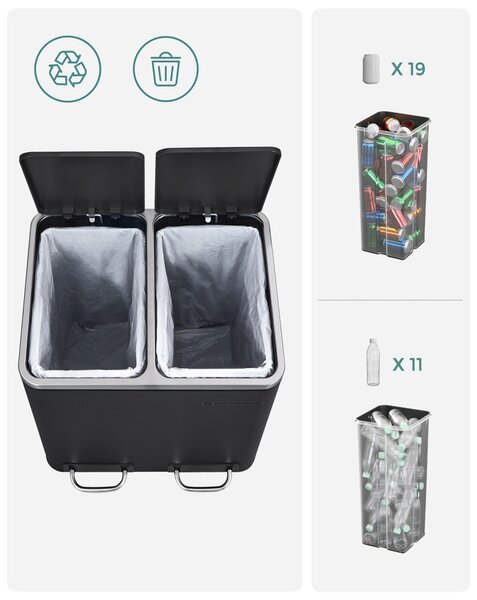 Coș de gunoi selectiv,, 2 x 15L, pedală, oțel, cerneală neagră