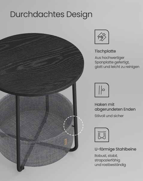 Măsuță depozitare rotundă cu coș textil, gri ardezie și negru 45×51cm