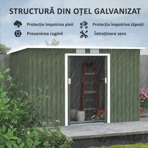 Outsunny, magazie pentru scule, casuta de gradina, sopron pentru unelte 280x130x172cm, Verde deschis | Aosom Romania
