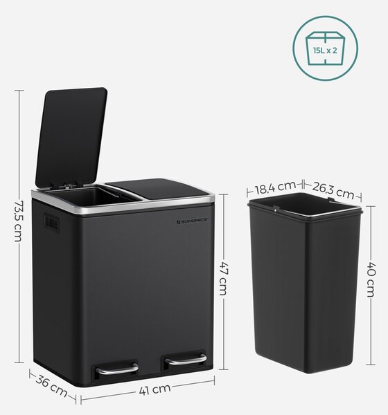 Coș de gunoi selectiv,, 2 x 15L, pedală, oțel, cerneală neagră