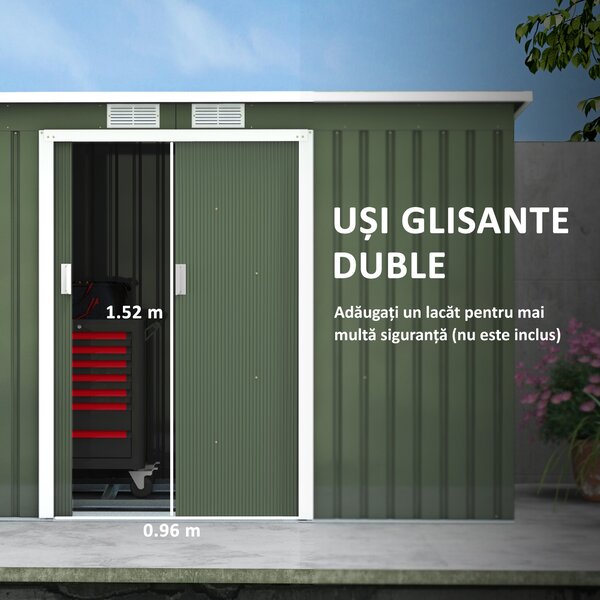 Outsunny, magazie pentru scule, casuta de gradina, sopron pentru unelte 280x130x172cm, Verde deschis | Aosom Romania