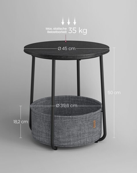 Măsuță depozitare rotundă cu coș textil, gri ardezie și negru 45×51cm