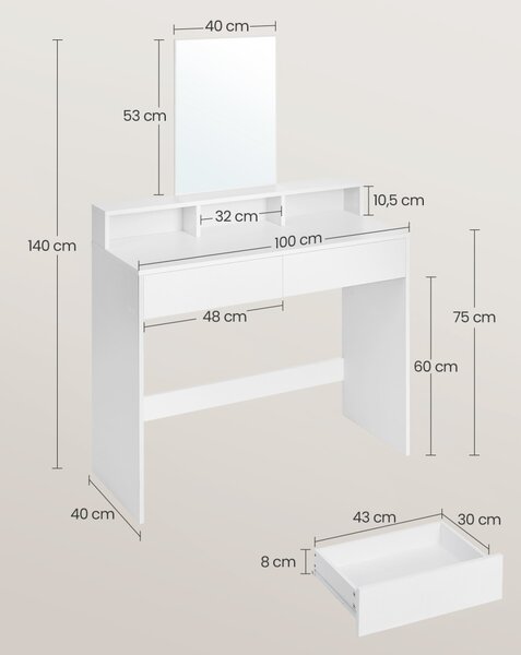 Masă de toaletă, masă de machiaj cu oglindă cu 2 sertare și compartimente, alb 100x40x140cm