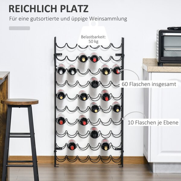 Suport de vin pentru 60 de sticle, suport de perete din metal, elegant, negru
