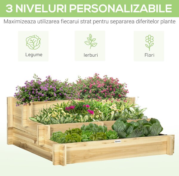 Outsunny Jardiniera pentru plan de cultivare inaltat pe 3 niveluri din lemn de brad, culoare lemnului, 93x93x35 cm | Aosom Romania