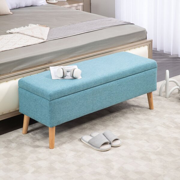 Bancă de depozitare, efect de pânză de in și poliester, design scandinav, albastru, 110x39x45 cm