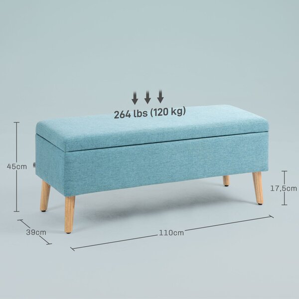Bancă de depozitare, efect de pânză de in și poliester, design scandinav, albastru, 110x39x45 cm