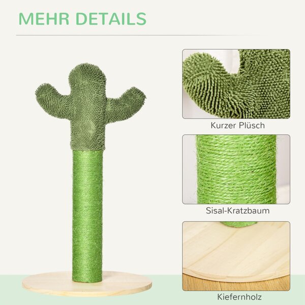 Stâlp de zgâriat pentru pisici în formă de cactus, din lemn de pin și frânghie de sisal, înălțime 65 cm