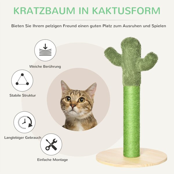 Stâlp de zgâriat pentru pisici în formă de cactus, din lemn de pin și frânghie de sisal, înălțime 65 cm