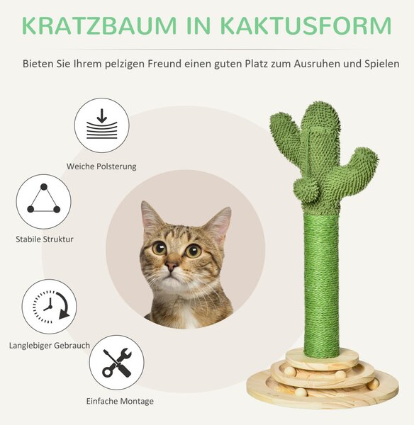 Stâlp de zgâriat pentru pisici în formă de cactus, din lemn de pin și frânghie de sisal, înălțime 60 cm