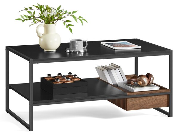 Măsuță de cafea, neagră, cu compartiment din lemn de nuc 100x55x45 cm