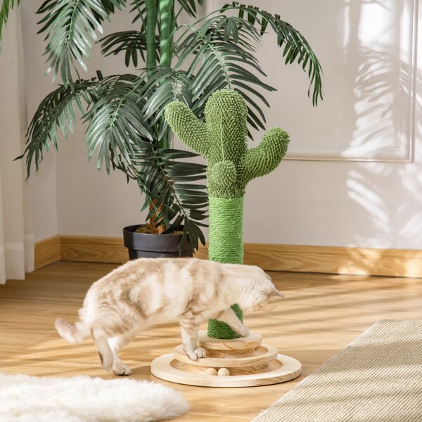 Stâlp de zgâriat pentru pisici în formă de cactus, din lemn de pin și frânghie de sisal, înălțime 60 cm