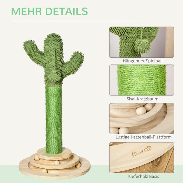 Stâlp de zgâriat pentru pisici în formă de cactus, din lemn de pin și frânghie de sisal, înălțime 60 cm