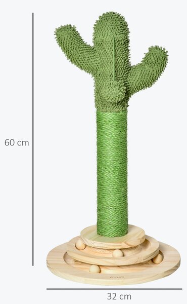 Stâlp de zgâriat pentru pisici în formă de cactus, din lemn de pin și frânghie de sisal, înălțime 60 cm