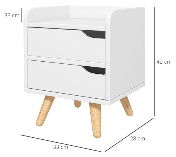 Noptiera alba cu 2 sertare extemsibilie, picioare din pin, mobila pentru casa,33x28x42cm HOMCOM | Aosom RO