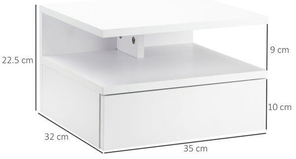 HOMCOM Set de 2 Noptiere Suspendate Moderne pentru Dormitor cu Sertar și Poliță Superioară din Lemn, 35x32x22.5 cm, Alb | Aosom Romania