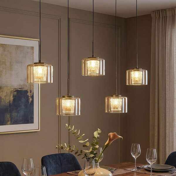 Searchlight Lampă suspendată LED Tumblers, cu 5 becuri, lungă, bronz, sticlă, 3.000 K, reglabil, Bronz / Alamă Veche, Camera de zi / sufragerie, Plastic