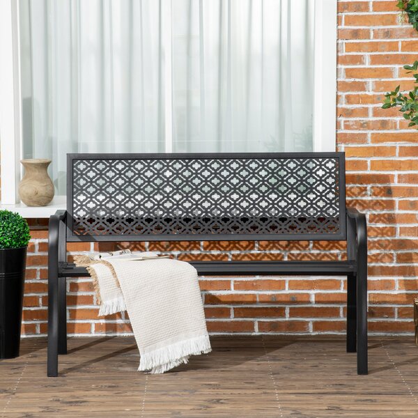 Bancă de grădină pentru 2 persoane, cu spătar și cotiere din oțel, model floral, max 280 kg, negru, 127 x 63