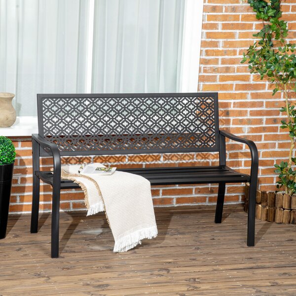 Bancă de grădină pentru 2 persoane, cu spătar și cotiere din oțel, model floral, max 280 kg, negru, 127 x 63