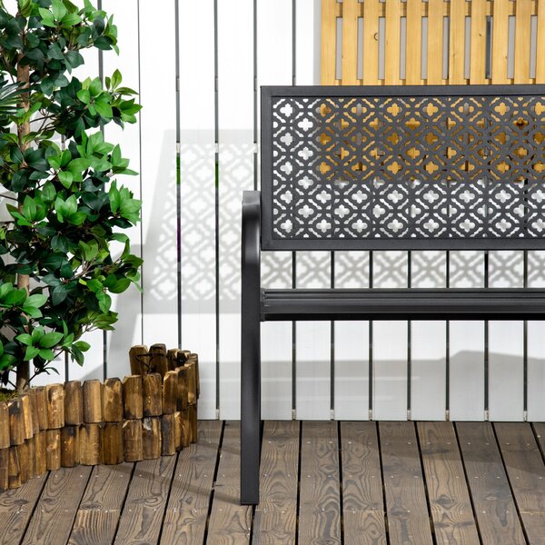 Bancă de grădină pentru 2 persoane, cu spătar și cotiere din oțel, model floral, max 280 kg, negru, 127 x 63