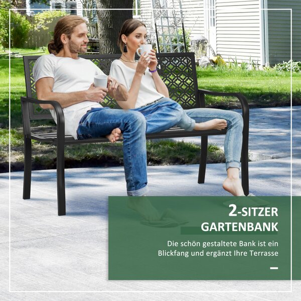 Bancă de grădină pentru 2 persoane, cu spătar și cotiere din oțel, model floral, max 280 kg, negru, 127 x 63