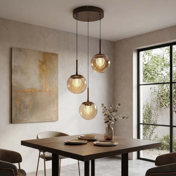 Searchlight Lampă suspendată LED Solis, cu 3 becuri, rotundă, bronz, sticlă, 2.700 K, reglabil, Bronz / Alamă Veche, Camera de zi / sufragerie, Sticlă, glob
