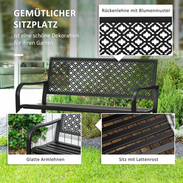 Bancă de grădină pentru 2 persoane, cu spătar și cotiere din oțel, model floral, max 280 kg, negru, 127 x 63