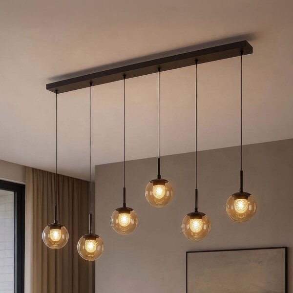 Searchlight Lampă suspendată LED Solis, cu 7 becuri, lungă, bronz, sticlă, 2.700 K, reglabil, Bronz / Alamă Veche, Camera de zi / sufragerie, Sticlă, glob