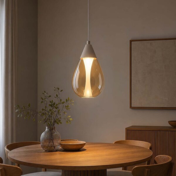 Searchlight Lampă suspendată LED Pear, 1 bec, bej, sticlă chihlimbar, 3.000 K, reglabil, Bej, Camera de zi / sufragerie, Sticlă, Modern