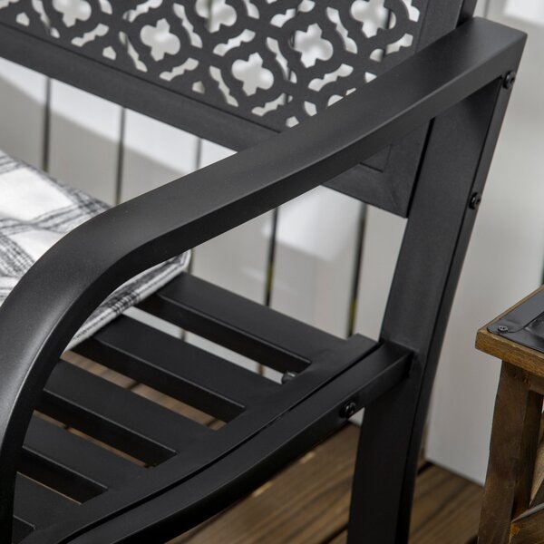 Bancă de grădină pentru 2 persoane, cu spătar și cotiere din oțel, model floral, max 280 kg, negru, 127 x 63