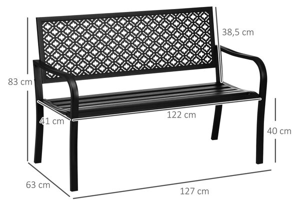 Bancă de grădină pentru 2 persoane, cu spătar și cotiere din oțel, model floral, max 280 kg, negru, 127 x 63