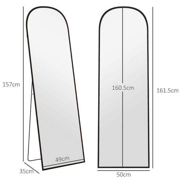 HOMCOM Oglindă de Podea și Perete, Oglindă Modernă cu Structură din Aliaj de Aluminiu și Suport Pliabil, 50x161.5 cm, Negru | Aosom Romania