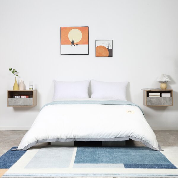 HOMCOM Set de 2 Noptiere Suspendate din Lemn cu Sertar și Raft Deschis, Design Modern, Gri și Lemn, Dimensiuni 45x35x27.5cm | Aosom Romania