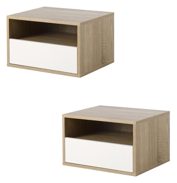 HOMCOM Set de 2 Noptiere Suspendate din Lemn, Design Modern cu Sertar și Raft, Alb și Lemn, 45x35x27.5cm | Aosom Romania