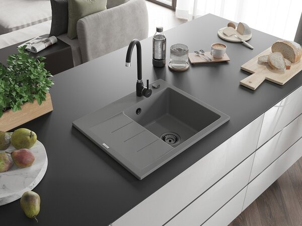 Mexen Ben, chiuvetă granit cu 1 cameră 600x500x190 mm, dreapta + sifon negru, gri, 6523605000-71-B