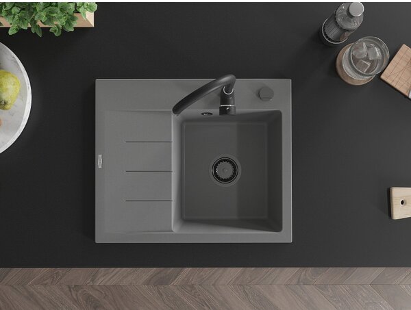 Mexen Ben, chiuvetă granit cu 1 cameră 600x500x190 mm, dreapta + sifon negru, gri, 6523605000-71-B