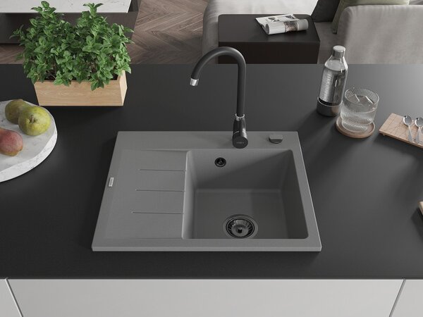 Mexen Ben, chiuvetă granit cu 1 cameră 600x500x190 mm, dreapta + sifon negru, gri, 6523605000-71-B